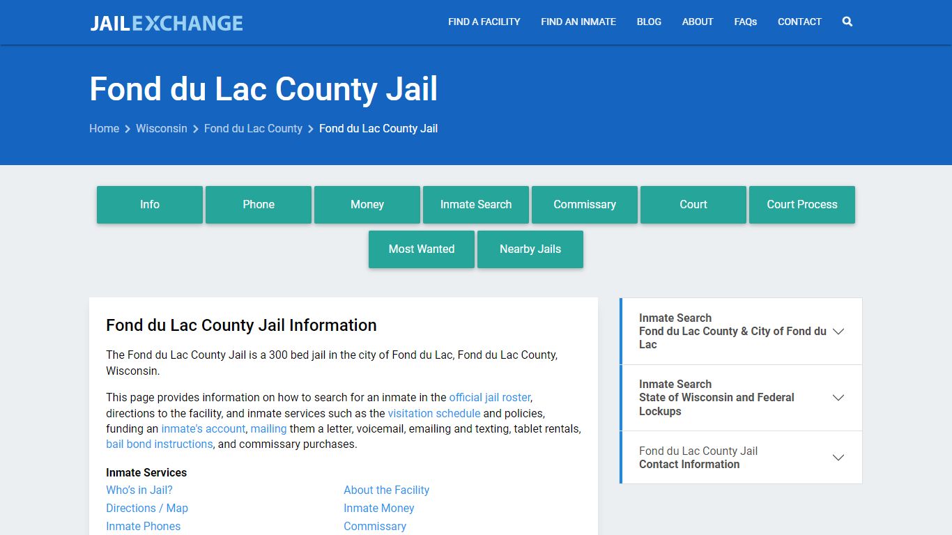 Fond du Lac County Jail, WI Inmate Search, Information